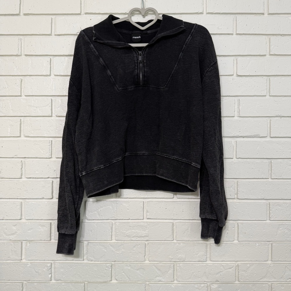 Mono B Cropped Quarter Zip Pullover Sweatshirt Large Charcoal
